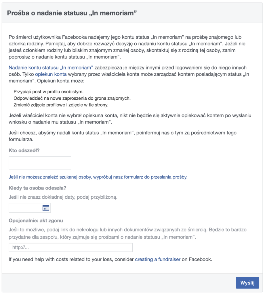 Wniosek o nadanie statusu in memoriam na Facebooku - śmierć na Facebooku